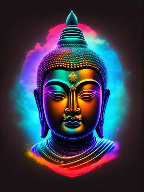 Head of the Buddha, auricular, capuz, cores frias em neon, design de camiseta, rzminjourney, arte vetorial