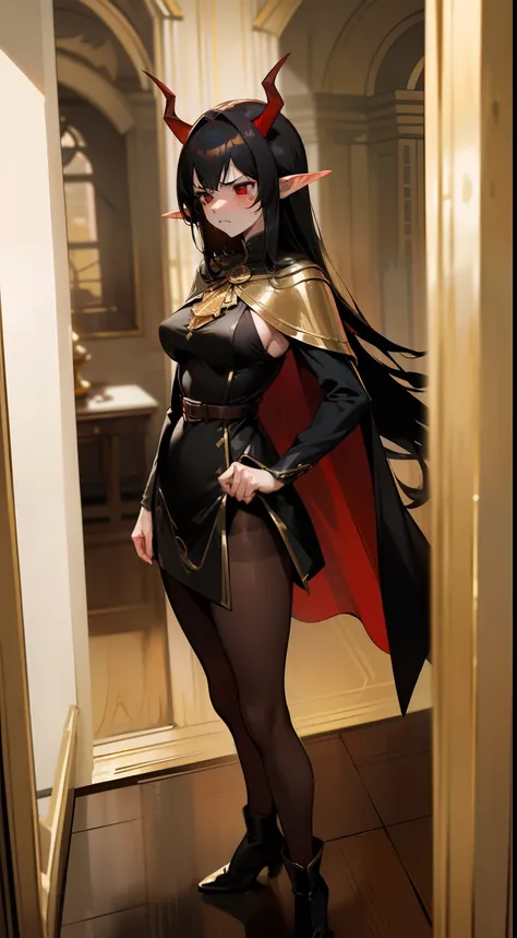 1woman,40 years,madure woman,solo,angry face,golden and black short dress,medium tits,black hair,long hair,red eyes,elves ears,golden horns,pantyhose,cape,(((standing in front of a room inside a castle)))