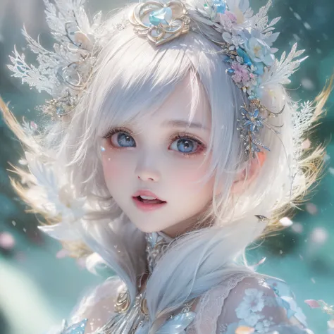 snow mountains、snow mountains、snow mountains、Snow Fairy、Snow Fairy、Close-up of laughing face、makeup、Glossy lips、Shining eyes、Snow Fairy、Snow Girl、Snow Costume、Cosplay、(realisitic、hight resolution)、(1 girl in)、Snow Girl、Do-Up Eye、Korean Girl、(Best Quality),...