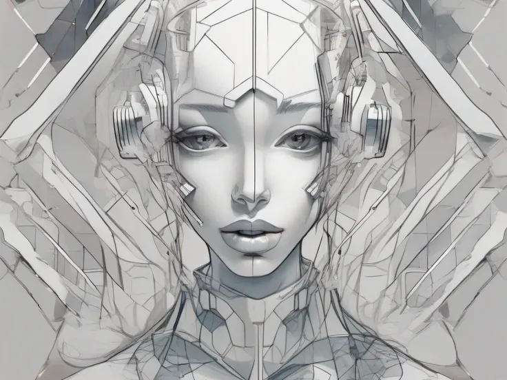 CLEAR CONTOURS OF GEOMETRIC DETAILS ON THE BACKGROUND , IN THE MIDDLE OF THE BACKGROUND IS A FRAGILE VELVET ROBOT GIRL, WITH A CLEAR LOOK AND SILKY WAVY HAIR, DRESSED IN A GOLDEN-LACE DRESS, WHICH STRETCHES OUT IN THE FACE OF A GIRLS ABUSE, IN THE HANDS OF...