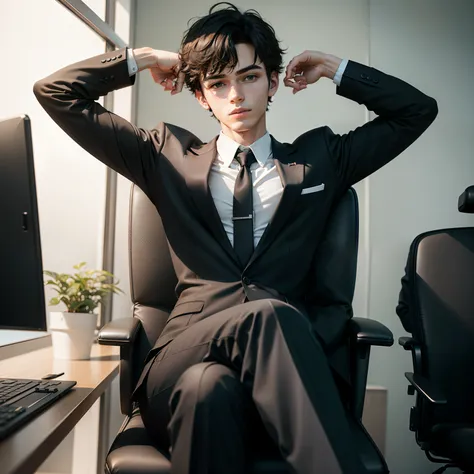 Make pic of 20 years old boy wearing black business suit and sit on chair in agency.