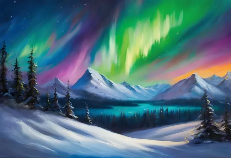 Night on a snowy mountain with coniferous forest covered with snow at the foot of the mountain。Aurora borealis shine in the sky above and the snow looks tinted with the color of the aurora borealis.