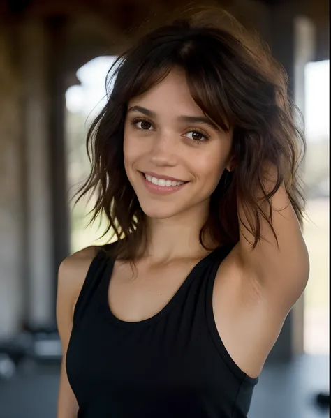 portrait of jortega looking at viewer, shaggy wolf haircut into a silky lob, auburn hair color, showing armpits, at gym sweating...