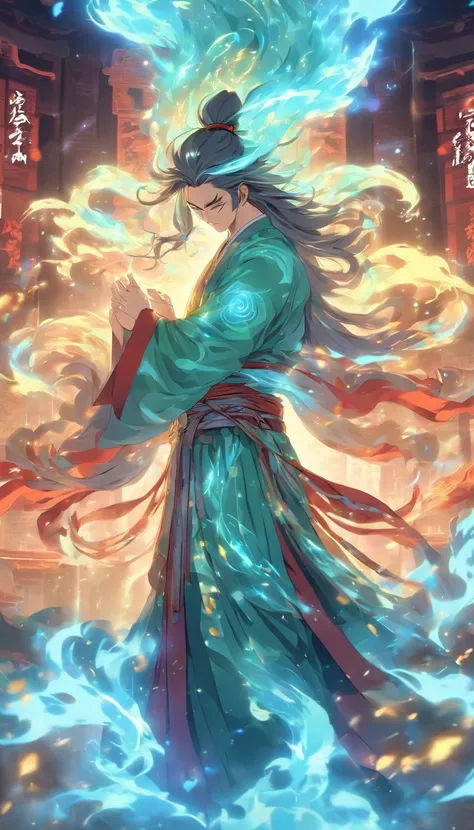 China-style，The Taoist priest stood in front of a huge transparent glowing projection，Stretch your hands，Long messy hair，Glow effects，8K，super-fine，tmasterpiece，high qulity