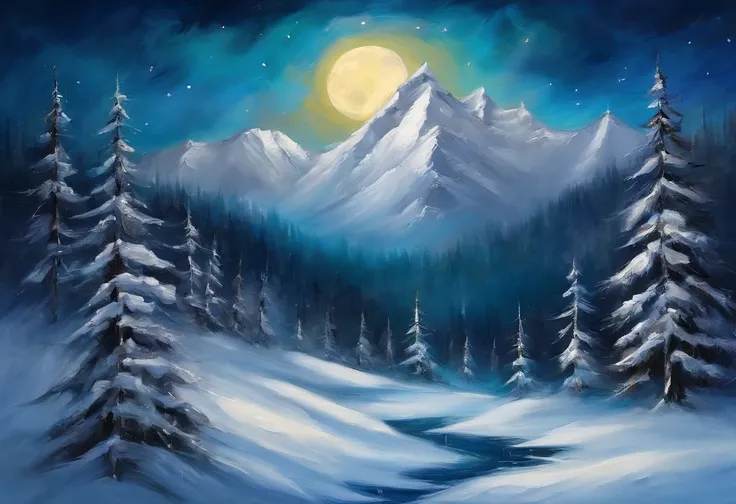 Snowy mountain night with snowy coniferous forest at the foot of the mountain。Full moon and many stars