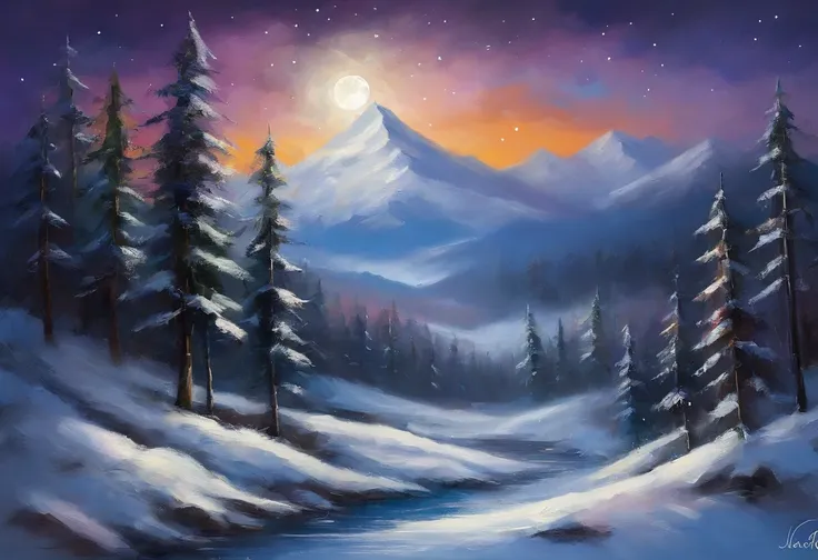 Snowy mountain night with snowy coniferous forest at the foot of the mountain。Full moon and many stars