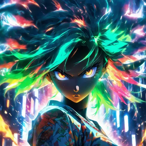 (best quality,ultra-detailed,realistic:1.37), vibrant colors,studio lighting,bokeh,portrait,fire-like hair,blue hair,black skin,green eyes,front view,Tokyo background,white shirt,retro-futuristic,full lips,anime style,abstract art