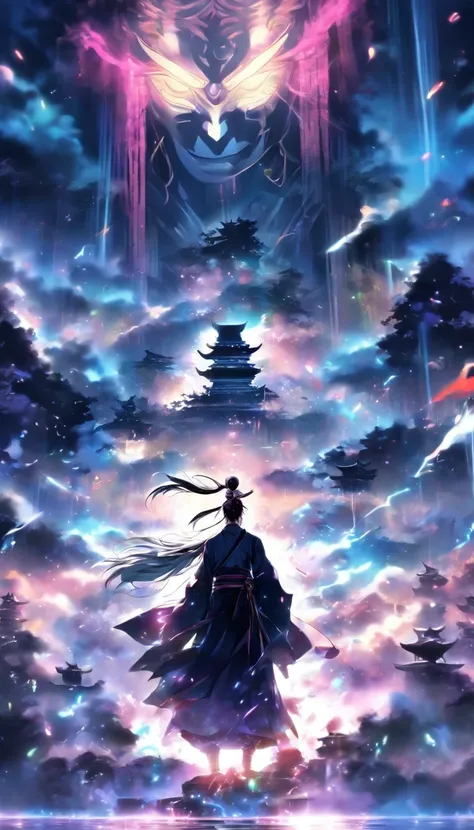 ((Masterpiece))，(Best quality))，Faraway view，There were twenty swords suspended in the air，Sword Rain，A young Taoist priest，Infinite Sword System，Glow effects，Hyper-realistic，Ultra photo realsisim，Chinese black and white ink style，Black and white，Decoloriz...