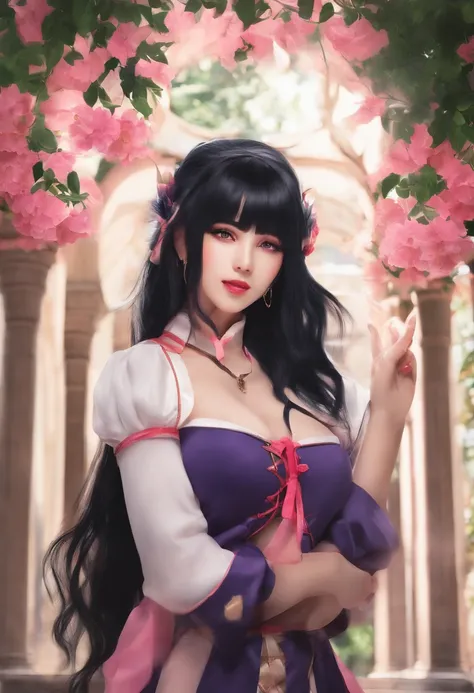 1 girl, long black hair with bangs,Cosplay Hinata, big hunchback, big chest, pink lips, name Hinata Hyuga