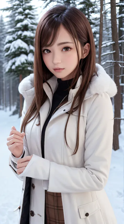 1womanl, up of face, light brown hair, Blunt bangs, hair behind ear, hair over shoulder, Long hair, slender body shape, Ultra Fine Face, Thin face, Delicate lips, Beautiful eyes, thin blush, eyes are light brown,View here, Ultra-thin hands, Ultra-fine fing...