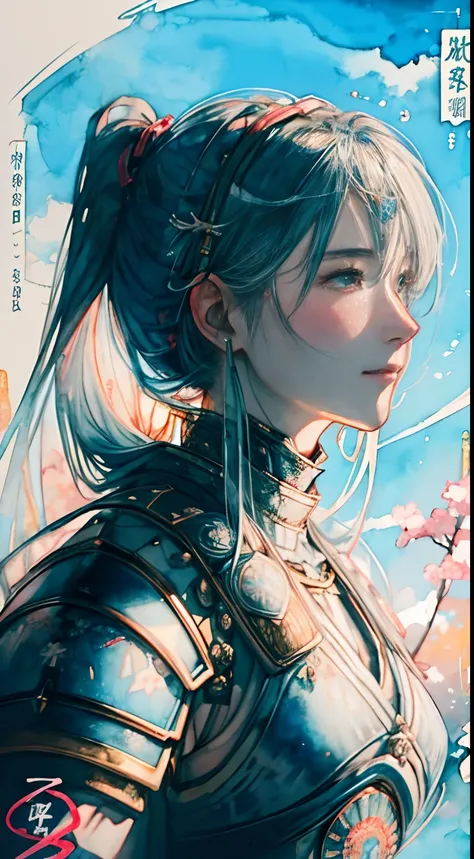 8K,​masterpiece,top-quality, From below , Dynamic Pose,beautiful 1girl, full body Esbian,Portrait, watercolor sketch, light, poneyTail, watercolor paiting (Medium),watercolor paiting,A slight smil,  ((Japanese armor)), (Detailed Japan armor), (20yr old), (...