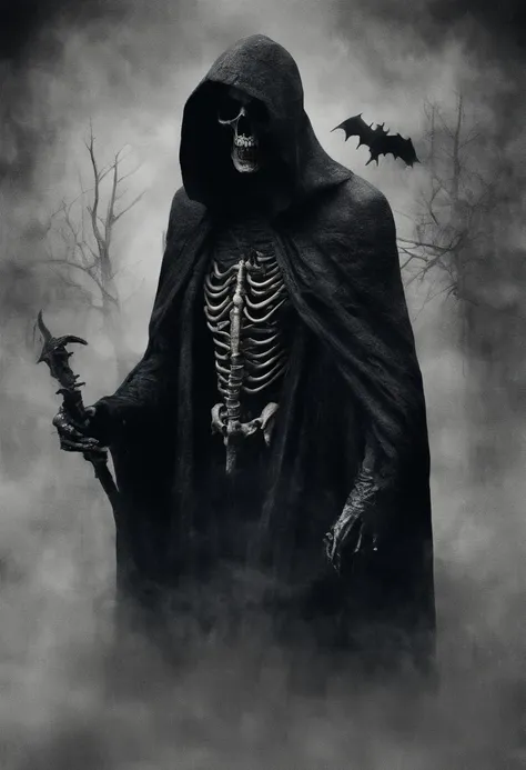 Create a frighteningly detailed and realistic depiction of the hooded figure of Death. The scene is expected to feature a black silhouette with a skull on a face and a skeletal hand holding a menacing sickle. Esta figura sinistra deve ter como pano de fund...