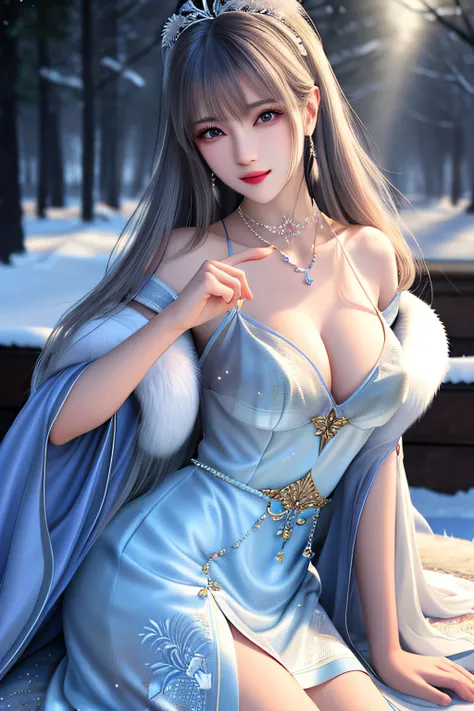 best qualityer，8K， tmasterpiece， A high resolution， 1girll， Clear silk porcelain dress， Fur coat， hair adornments， ssmile， Keep ones mouth shut， cparted lips，Large breasts，Shoulder， shift dresses， hair adornments， choker necklace， jewely， Chinese outfit， l...