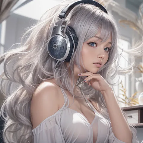 masutepiece, High resolution，Best Quality，High Definition, Perfect composition, Perfect face, Perfect body, 8K，1girl in，house wife，Curve，Beautiful breasts，huge-breasted，pale skin，Silver Hair，Wearing oversized headphones，Floating hair，looking side，Shiny hai...