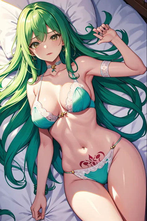 Draw a woman, Green hair, Lying on the bed, Bare legs, Show your , Greedy expression, , Blushing, White stockings, Bare breasts, Facing the camera, , Love in the eyes.One queen bed，two guys，of a guy（cool guy），Lie down in bed（A half body），Handsome guys，Ride...