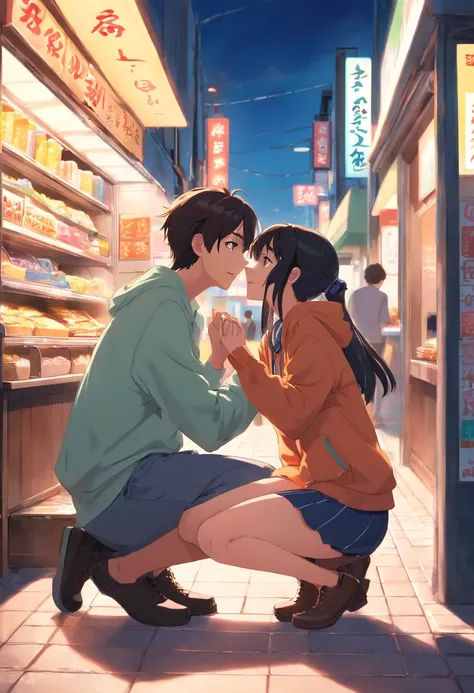 Anime Female character snack street，NSFW,entranceway,The girl kneels in front of the man,A girl licks the male genitals of a sitting man,