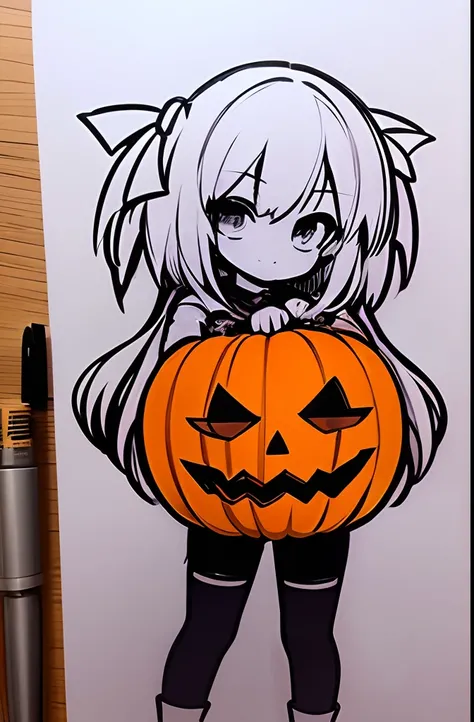 halloween logo project, cosplay girl, sketch drawing. pumpkin. good quality. artisitc sketch. Sticker project