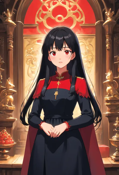 1 girl, Royal Sister Style, Black Long Hair, Black Dress, black pupils, Beautiful face, Red lips, High-end feeling, noble