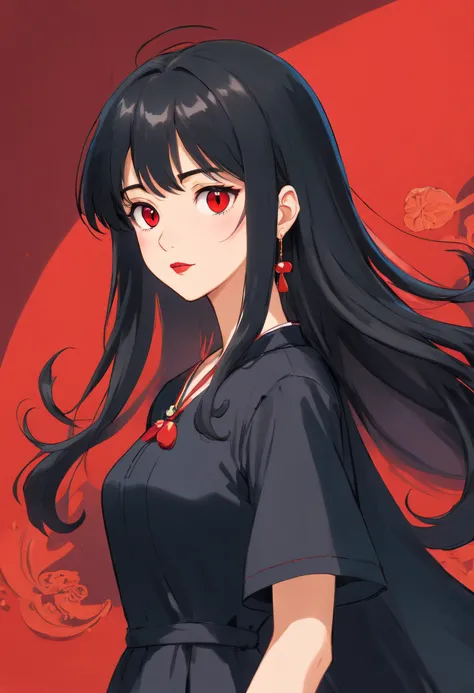 1 girl, Royal Sister Style, Black Long Hair, Black Dress, black pupils, Beautiful face, Red lips, High-end feeling, noble