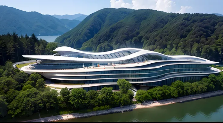 Masterpiece、Beauty、Imagine a modern low-rise hotel masterpiece in the style of Zaha Hadid. The building is beautifully built on the lakeside, Blend in harmoniously with the surrounding forest.The angle is from the air