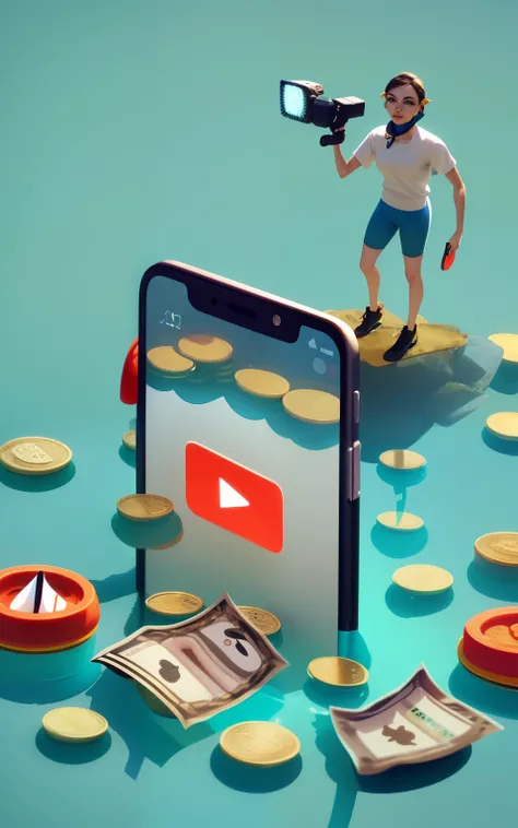 a close up of a person standing on a cell phone surrounded by coins, youtuber, trending on youtube, youtube video screenshot, 🦩🪐🐞👩🏻🦳, by Julia Pishtar, 3 d animated, 3d animated, video animation, youtube thumbnail, hyperrealistic content, 3 d nft, youtube,...