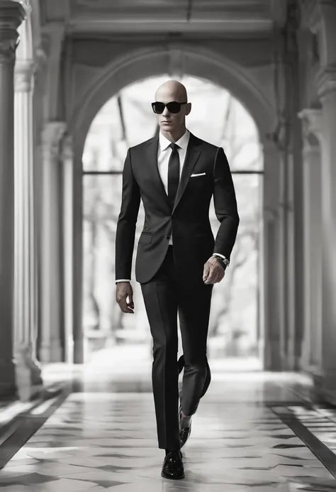 man,bald tall slim sexy in elegant black suit with black sunglasses