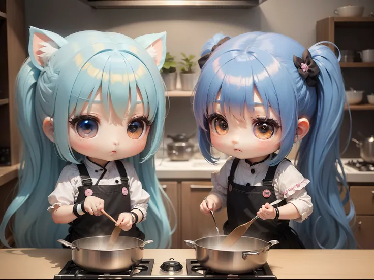 Chibichara　long hair with blue hair((Chibi Chara))、girl with、Chibi Chara、With my friend Chibi Chara.Cooking。full body Esbian、Pastel colors hair、masutepiece、top-quality、