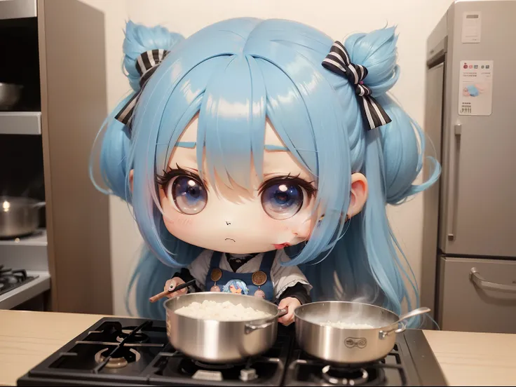 Chibichara　long hair with blue hair((Chibi Chara))、girl with、Chibi Chara、With my friend Chibi Chara.Cooking。full body Esbian、Pastel colors hair、masutepiece、top-quality、