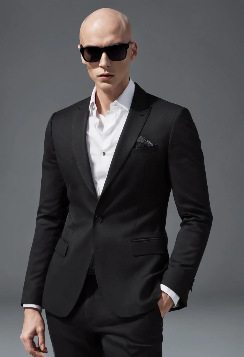 man,bald tall slim sexy in elegant black suit with black sunglasses