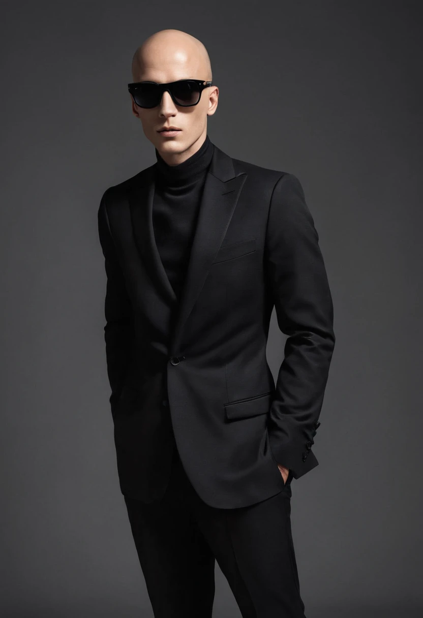 man,bald tall slim sexy in elegant black suit with black sunglasses