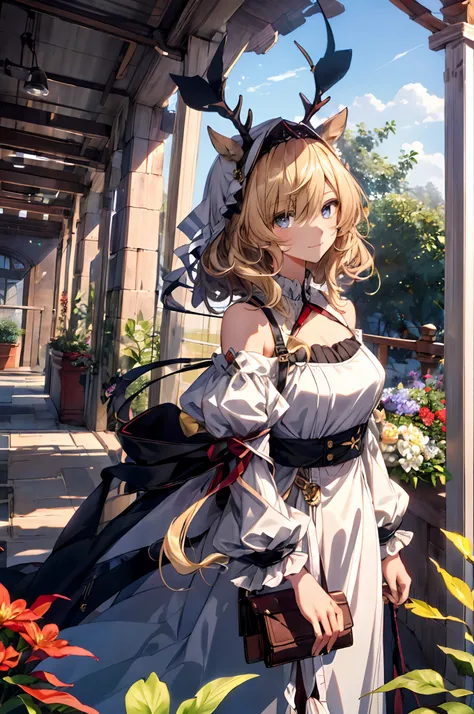 (tmasterpiece、top-quality、illustratio、Extremely high quality、high-level image quality、Extremely sensitive writing)Blonde girl standing in beautiful garden、A slight smile、She has a large bouquet、Cute national costume style dress，There are ruffles on the sho...