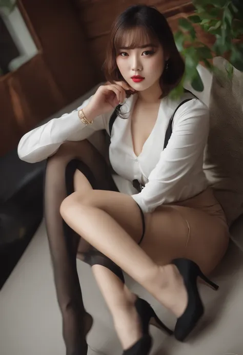 beautiful Korean women,shorth hair,high-heels,27yo,Whip whip,Underwear with see-through,de pele branca,Black garter stockings,Overweight,thighs thighs thighs thighs