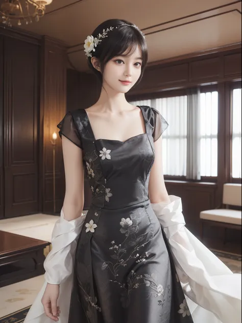 ((Best Quality))), (8K picture quality), ((masutepiece)), (Very sophisticated、Beautiful fece), (wearing dresses) , (1womanl), (Black shorthair), Dress up, with floral pattern, Soft silk fabric, 电影灯光, Gentle expression, (A slight smil:1.3), ((lightand shade...