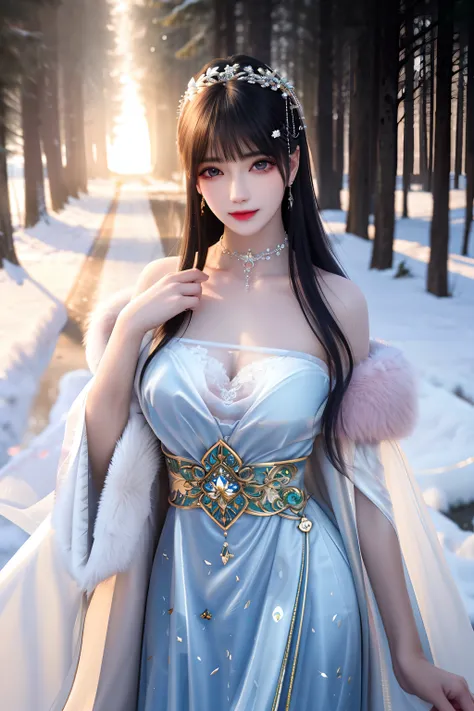 best qualityer，8K， tmasterpiece， A high resolution， 1girll， Clear silk porcelain dress， Fur coat， hair adornments， ssmile， Keep ones mouth shut， cparted lips，Large breasts，Shoulder， shift dresses， hair adornments， choker necklace， jewely， Chinese outfit， l...