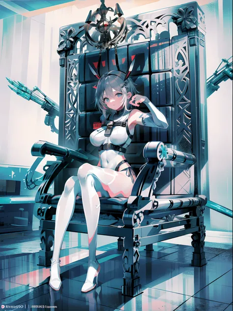 Anime - style girl with big breasts sitting in a battleship commanders chair posing with legs open in white highcut leotard，skin tight clothing, white and gray clothes, guviz style artwork，Guwiz，by Russell Dongjunlu，The trend is at CGSTATION，seductive anim...