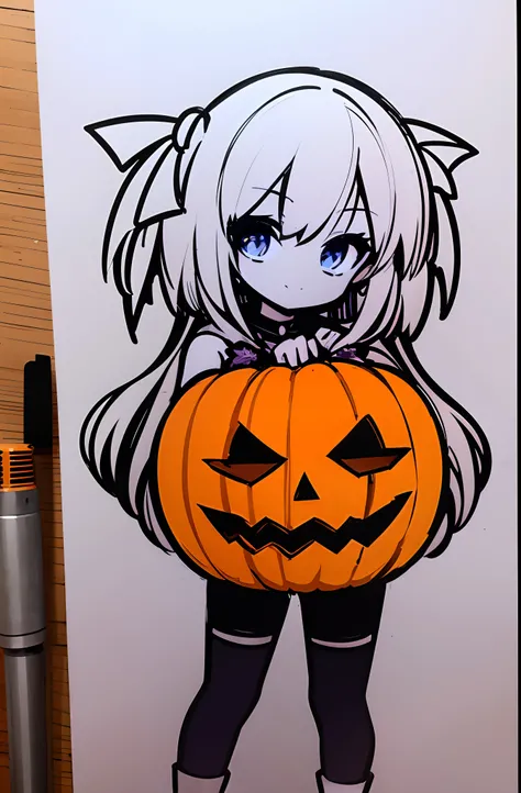 halloween logo project, cosplay girl, sketch drawing. pumpkin. good quality. artisitc sketch. Sticker project. blue eyes. red ribbons, sharp lines. White background.