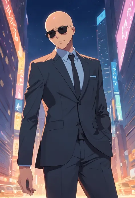 man,bald tall slim sexy in elegant black suit with black sunglasses