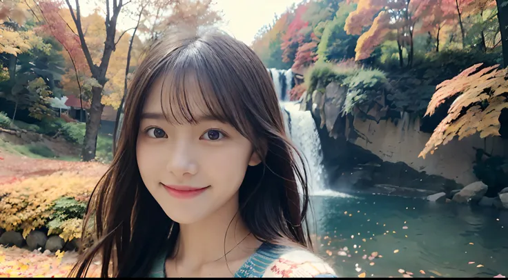 (Close up portrait of one girl with slender small breasts and very long hair in colorful autumn shirt and sweater:1.5)、(Smiling girl with hair fluttering in the wind stands on the edge of the screen:1.3)、(Waterfall and wonderfully beautiful autumn foliage ...