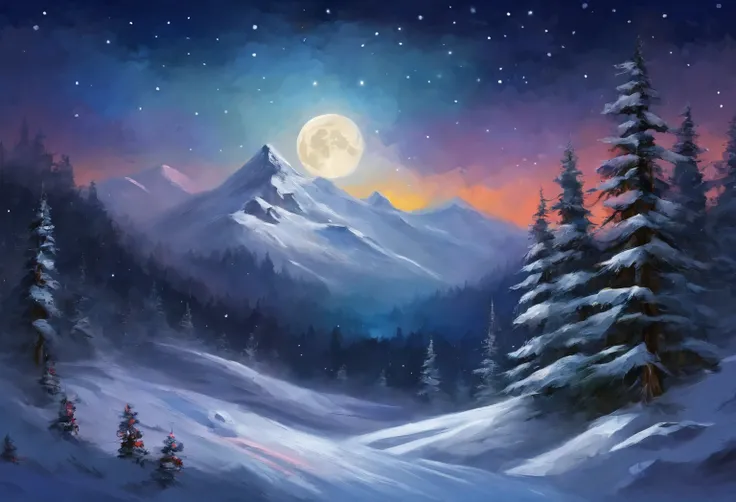 Snowy mountain night with snowy coniferous forest at the foot of the mountain。Full moon and many stars