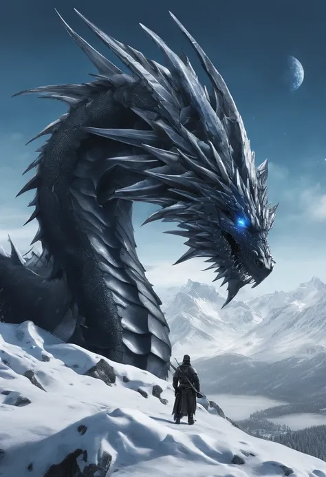 Dark Dragon of geo data over snowy mountains, blue sky,   the style of detailed hyperrealism photoshoot