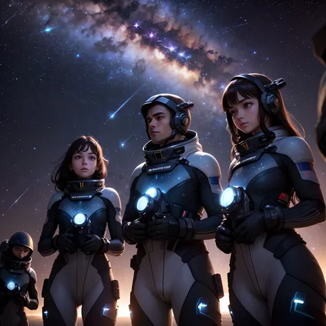 Against a starry backdrop, under the deep expanse of space, A group of individuals in spacesuits stare in awe at a shower of shooting stars.. Their faces illuminated by the glow of the stars and expressions full of wonder as shooting stars traverse the nig...