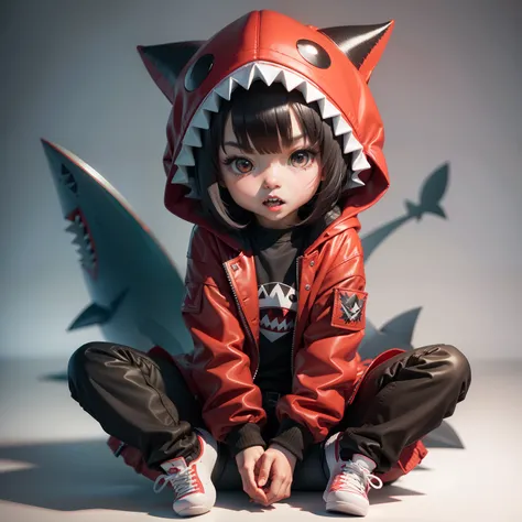 Chibi girl, sharp teeth, sit position, Complete broker, red cool jacket, Mega Mini, ninjartist, Shark hat, Shark tail, Shark costume, Hairstyle Bob, A dark-haired,