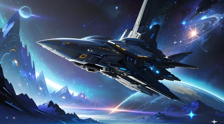 A spaceship flies over a planet with distant skies and stars, sci-fi space game art, galaxy space sci - fi, spaceship far on the background, an epic space ship scene, background artwork, spaceship in background, spaceship in background, Sci-fi fantasy wall...