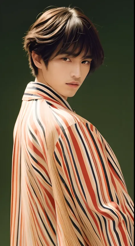 one Japanese male model ,Unique hair details, colorful Y2K fashion, Near future, Curvilinear details , short hair