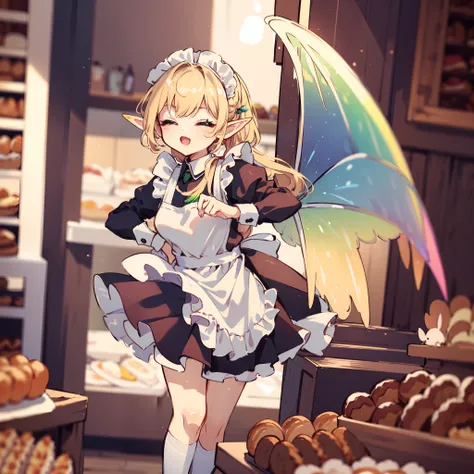 (very cute female child:1.5),(10 yo),(cute maid outfit:1.8),(wearing rainbow wings made of film:1.7),(wearing transparent fairy wings:1.5),(elf ear:1.5),(one eyes closed:1.3),BREAK (fantastic bakery:1.6),(stand in front of the grill),(have a turner),(ham a...