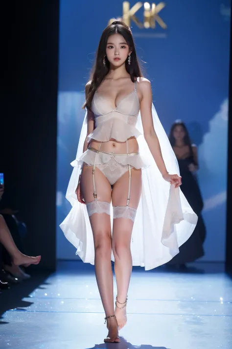 ((top-quality、8K、tmasterpiece:1.3)),Model walking on the runway in lingerie,Ethereal!!!!!!!，Bigchest，Barefoot，Guan Xiaotong， Ethereal!!!, big breasts thin waist