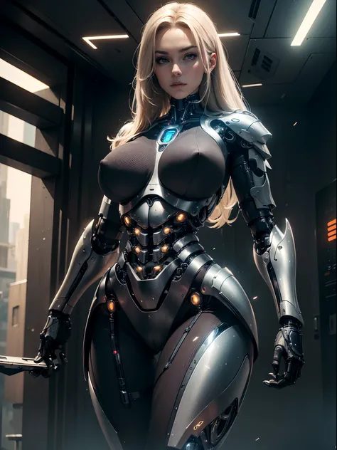 ((8k, best quality, masterpiece, ultra highres:1.0)), (huge breasts:1.2, natural breasts,saggy breasts),  Athletic, slender,(cybernetic armor:1.3),