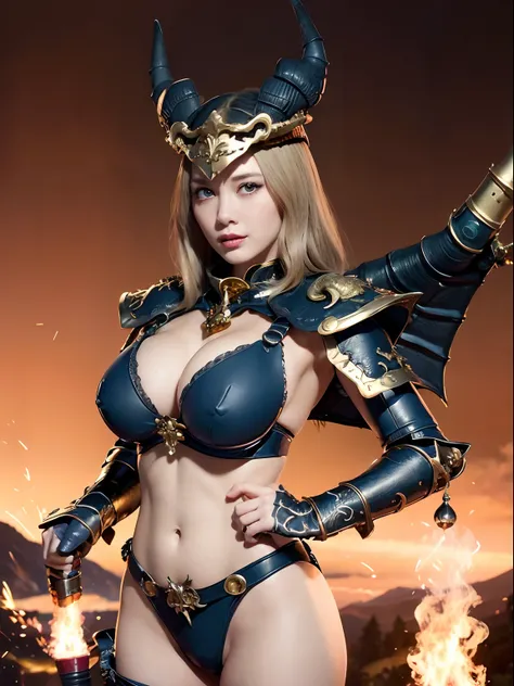 Professional , ​masterpiece、top-quality、photos realistic , depth of fields 、（Dragon Black Metal Body:1.９),(Matte Blue Black、（cleavage of the breast）、Dragon Gold Weapon、（Micro Bikini Armor:1.４),Gorgeous gold weapons ,（Fight dragons）、Seductive look、（（ Dragon...