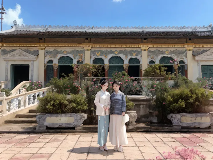 there are two women standing in front of a building with a balcony, with a chinese temple, in balcony of palace, tang dynasty palace, wonderful masterpiece, ao dai, profile image, dang my linh, by Liao Chi-chun, majestic masterpiece, beautiful image, with ...