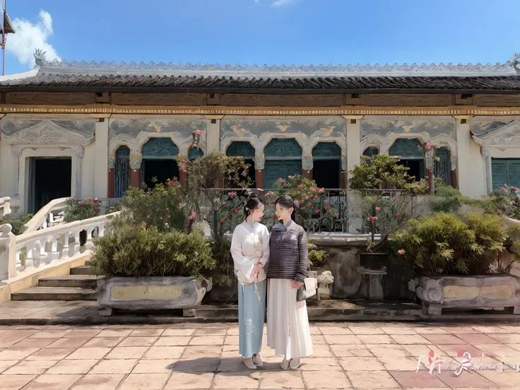 there are two women standing in front of a building with a balcony, with a chinese temple, in balcony of palace, tang dynasty palace, wonderful masterpiece, ao dai, profile image, dang my linh, by Liao Chi-chun, majestic masterpiece, beautiful image, with ...